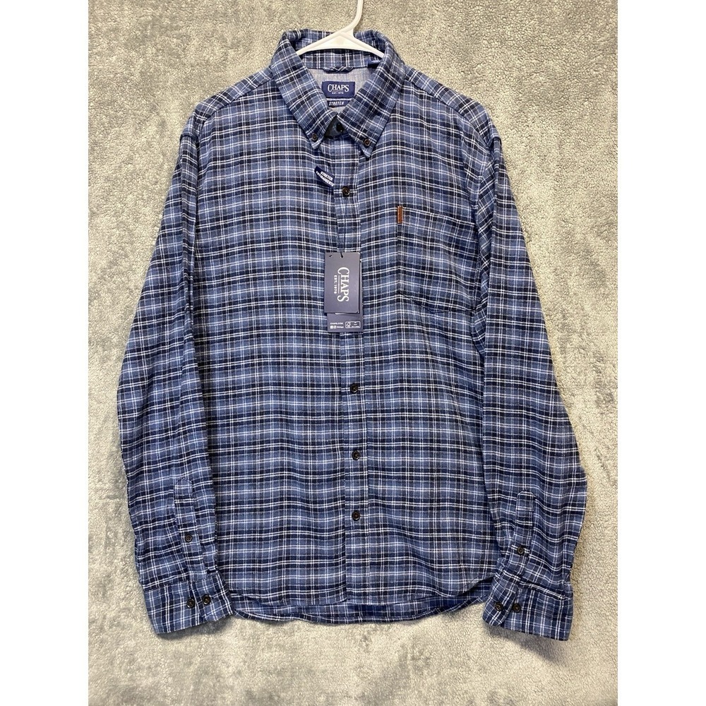 Chaps Men's Long Sleeve Blue Plaid Stretch Button Down Shirt Size XL